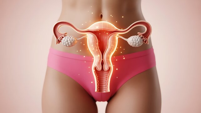 Female reproductive system anatomy illustration showing uterus, ovaries and fallopian tubes