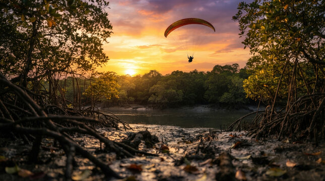 Paraglider flies over lush mangrove forest during vibrant golden hour sunset creating adventurous travel vibe perfect for outdoor activity marketing.
