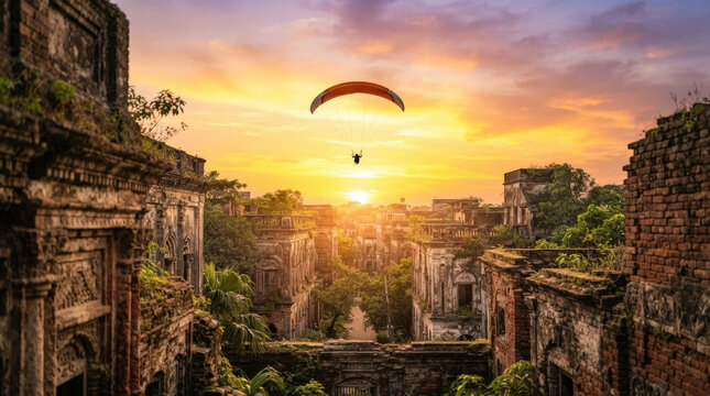 Paraglider soaring above historic ruined brick town of Panam Nagar in Sonargaon during a golden sunset displaying rich heritage history.