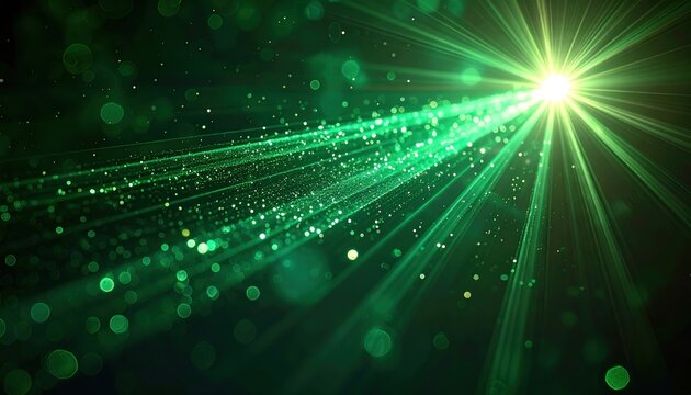 Emerald green light leak effect on a black background, glowing green rays, soft bokeh, cinematic lens flare, retro film aesthetic, subtle grain
