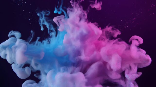 Ultra HD 4K animation of a vibrant paint splash in water. Iridescent pink and blue glitter f 