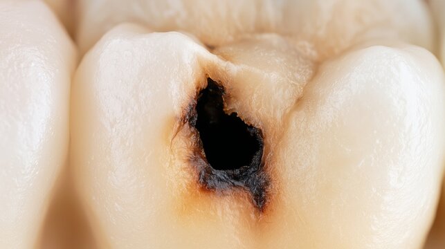 Tooth decay seen on a molar with a visible cavity in a dental setting during a dental check-up