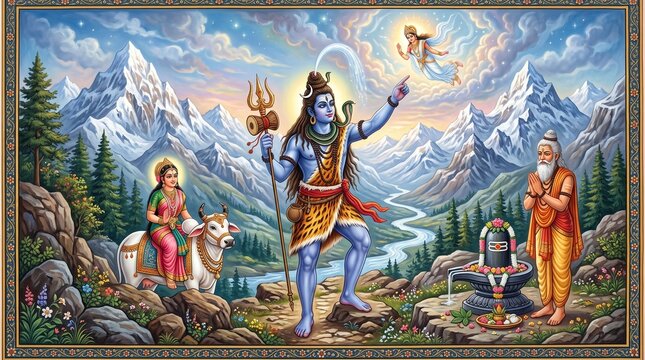 Lord shiva with parvati and sage in himalayas