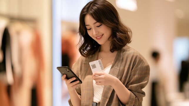 Woman shopping and checking receipt on her phone in a store during the day