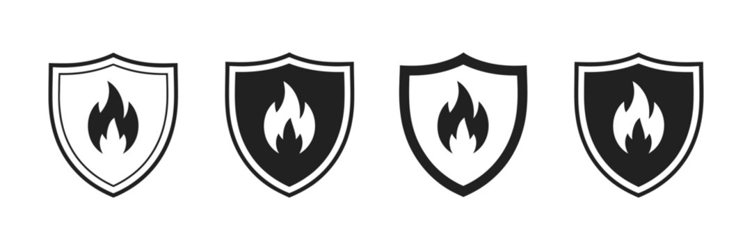 Fire protection vector icons, shield and flame emblems for fire safety, security, prevention systems, hazard control and emergency protection design.