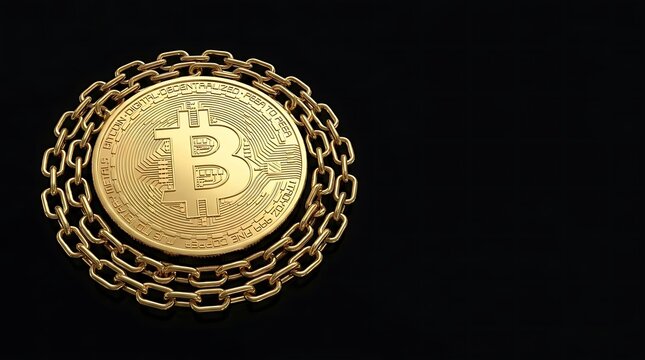 Golden bitcoin coin enclosed by a thick gold chain