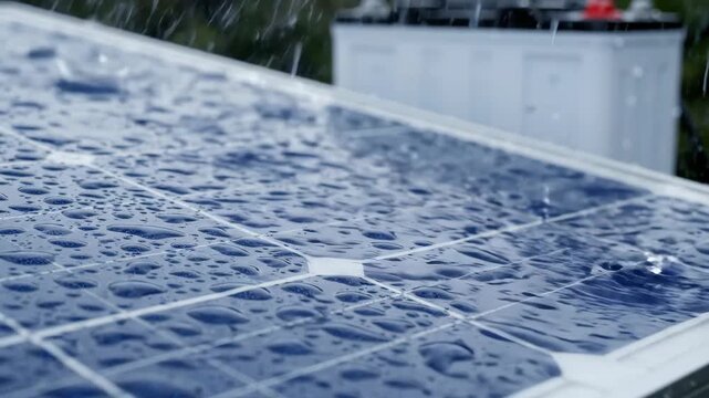 Wet solar panel rain water droplet and drop on blue surface reflection eco renewable energy clean technology outdoor installation wet surface