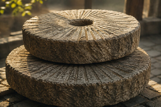 Two massive, weathered stone millstones with concentric grooves in soft morning light.