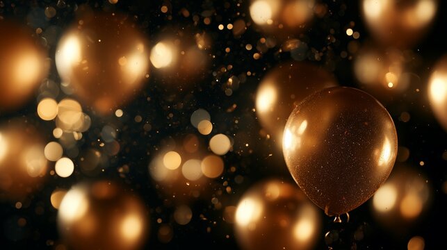 Golden balloons float in a dark setting with bright lights and sparkles around them during a celebration or event