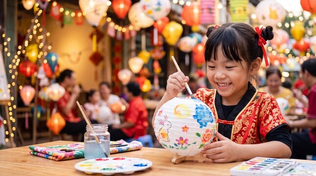 A joyful young girl paints a paper lantern during a festive celebration.