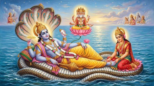 Lord vishnu resting on shesha nag in the cosmic ocean