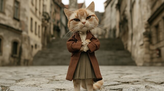 Cat stands on cobblestone street wearing brown coat and looking at camera in old city