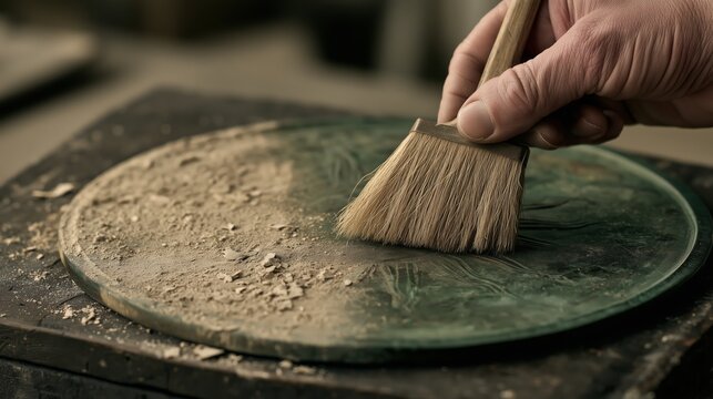Craftsman cleans a stone surface in a workshop in the afternoon light