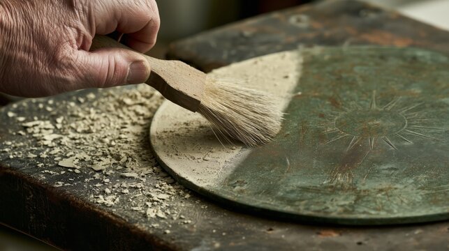 Craftsman cleans a metal plate in a workshop during the day