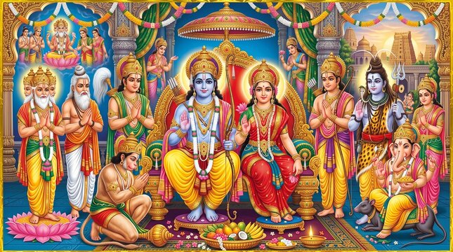 Lord rama and sita with deities in divine assembly