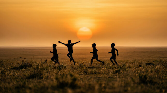 Silhouette of active young children jumping and running across vast open grassy plain against giant setting sun in warm orange sky view.