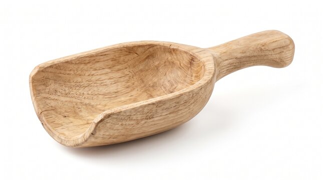 Rustic wooden scoop for dry food ingredients, handcrafted timber flour shovel, natural wood kitchen measuring tool isolated PNG with Transparent Background