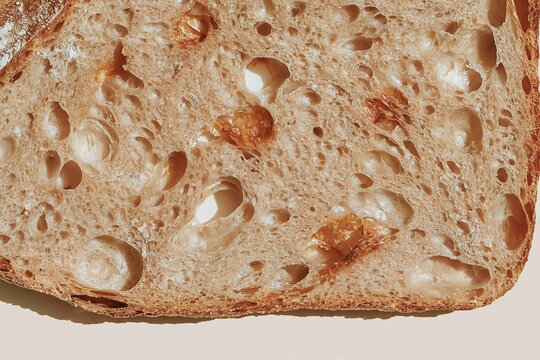 Artisan sourdough bread crumb with an open hole structure, featuring a toasted brown crust and airy texture for bakery packaging and recipe backgrounds