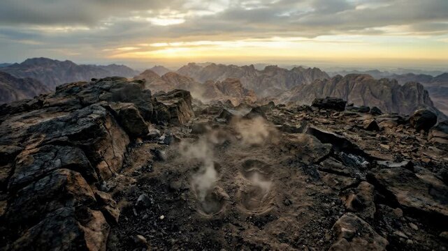 Miraculous mountain manifestation: sacred footprint, vapor emerge, holy summit, divine commandment, eternal decree, biblical covenant, solemn promise, spiritual guidance.