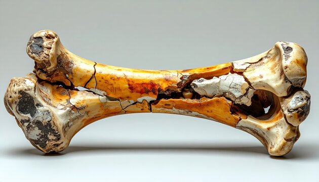 Broken human femur bone with realistic anatomical structure and fractured surface, medical education concept, isolated specimen