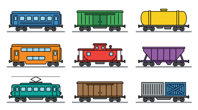 Set of nine flat design vector train cars and wagons, isolated on white background