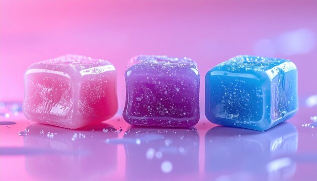 Three colorful pieces of chewed bubble gum in pink, blue and purple, glossy candy texture, playful food photography