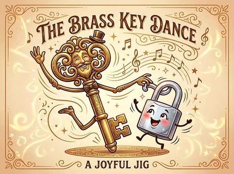 Vintage brass key dance illustration, whimsical dancing key and padlock characters, retro musical joyful jig poster