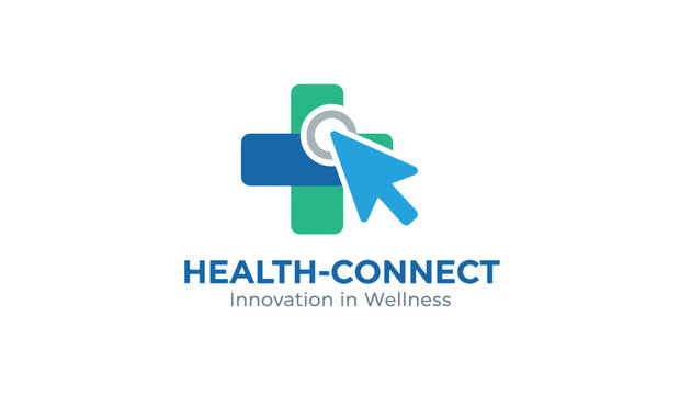 Professional medical technology logo design with a computer cursor arrow clicking on a blue and green health cross.