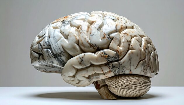 Stone sculpture of a human brain with natural marble texture, conceptual representation of intelligence and cognition, isolated art object