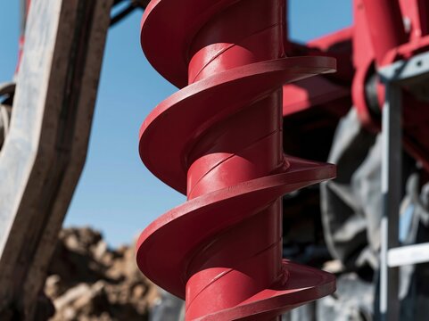 Red spiral soil auger bit on heavy construction machinery, featuring a smooth matte finish and industrial build for geotechnical drilling and earthworks