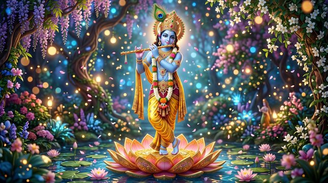 Lord krishna playing flute on a lotus flower