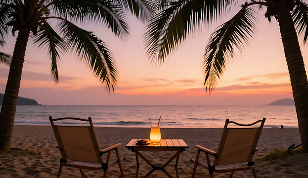 Romantic beach bonfire at sunset with palm trees and two chairs in 4K ultra HD