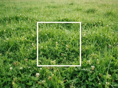 Fresh green pasture grass and clover with a white square frame providing a clean mockup copy space for dairy and agriculture campaigns