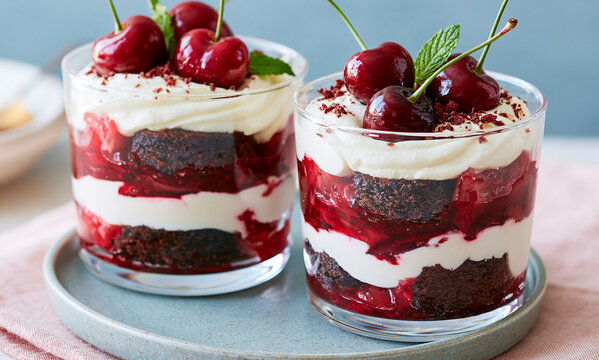 black forest trifles in big glass cups