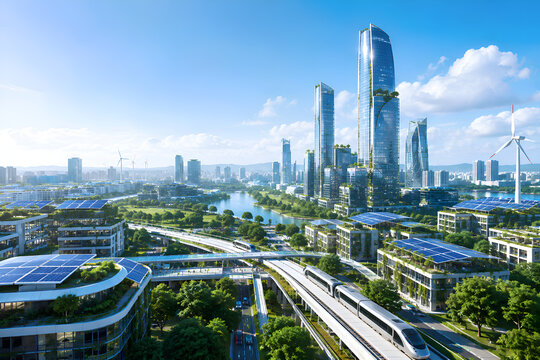 Futuristic Sustainable Smart City Skyline with High-Speed Monorail Train, Solar Panels, and Wind Turbines