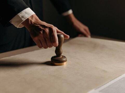 Wooden rubber stamp held by a person in a suit, pressing onto a textured beige document for legal approval and business contracts with copy space