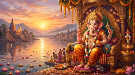 Fototapeta premium Lord ganesha sitting on a throne by the river at sunset