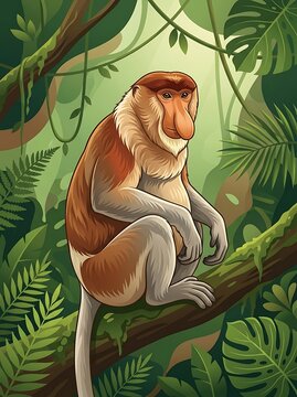 Proboscis Monkey Sitting on a Tree Branch in Tropical Rainforest Jungle Wildlife Illustration