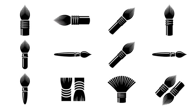 Minimalist paint brush icon set, black artistic brushes on white background, collection of 12 creative art tools for design