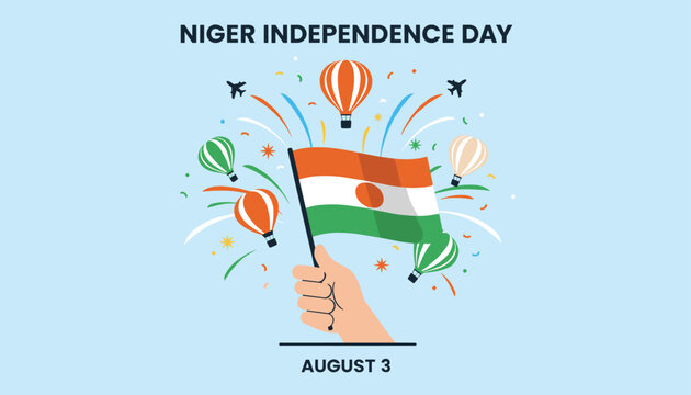 Niger Independence Day celebration banner with a hand holding the national flag surrounded by hot air balloons and fighter jets.