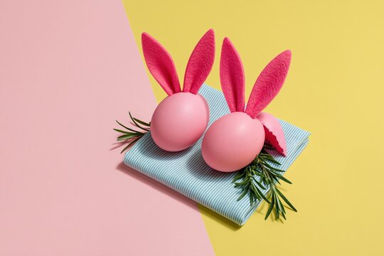 Decorated Easter eggs with pink felt rabbit ears on a striped cloth, featuring a matte texture and copy space for spring greeting cards