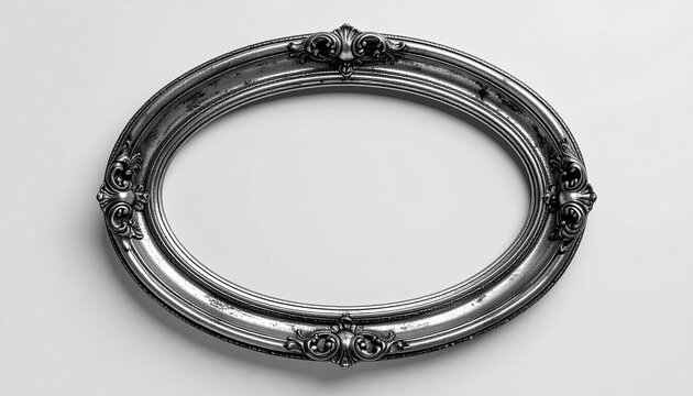 Elegant oval silver frame with carved metallic ornamentation, antique patina, classical decorative style, realistic studio photography