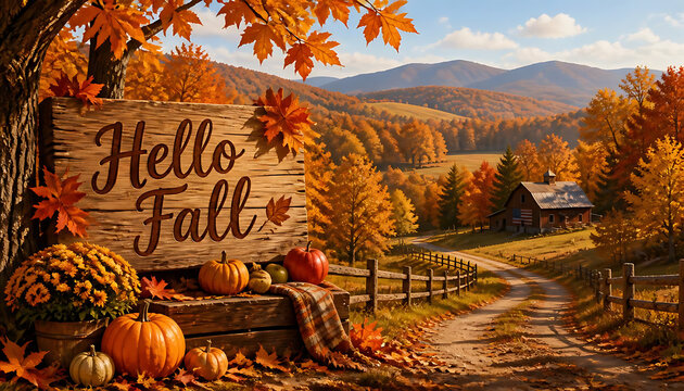 "Hello Fall" wooden sign leaning against a tree trunk on the left, adorned with fall leaves. 
