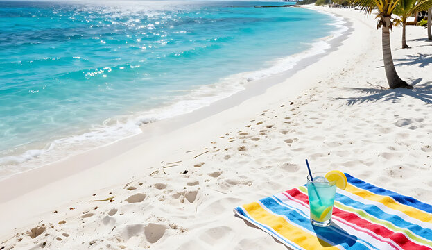 Tropical beach scene with colorful striped towel and turquoise ocean waves in 4K