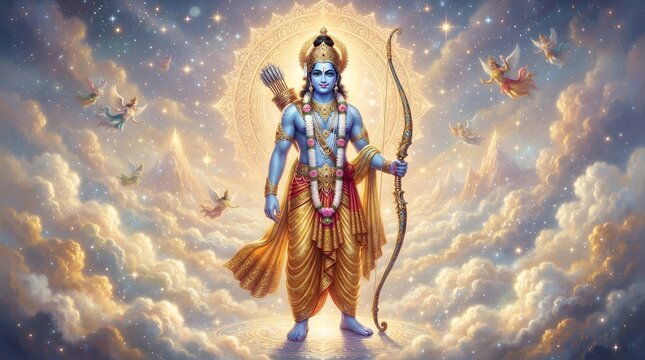Lord rama standing in the celestial sky with a bow and arrow, surrounded by divine beings and glowing clouds in a spiritual artistic representation