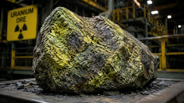 Large uranium ore rock resting on metal platform in industrial plant
