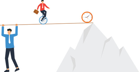 Businessman tightrope walker unicycle riding toward deadline clock mountain peak corporate goal risk management difficult journey © Mr Fikh 