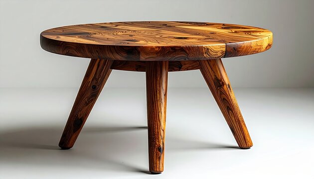 Round wooden side table with four sturdy legs and natural wood grain, minimalist home furniture, realistic product photography, isolated object