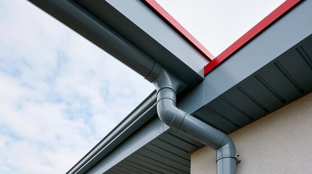 Grey rain gutter and downspout on a modern house corner with red trim, featuring a clean matte finish and white sky copy space for roofing services