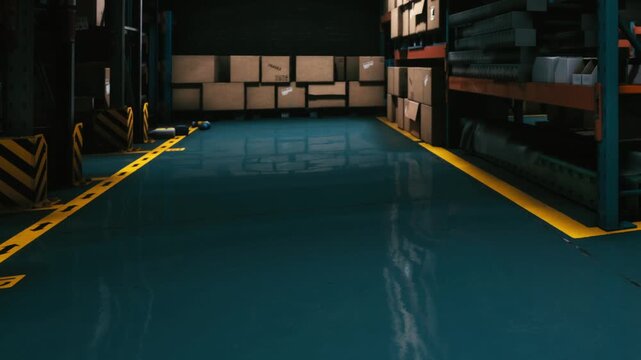 The scene shows a warehouse interior with stacked boxes on shelves. The floor is shiny and blue, and yellow lines mark areas on the floor. There is natural light coming in.